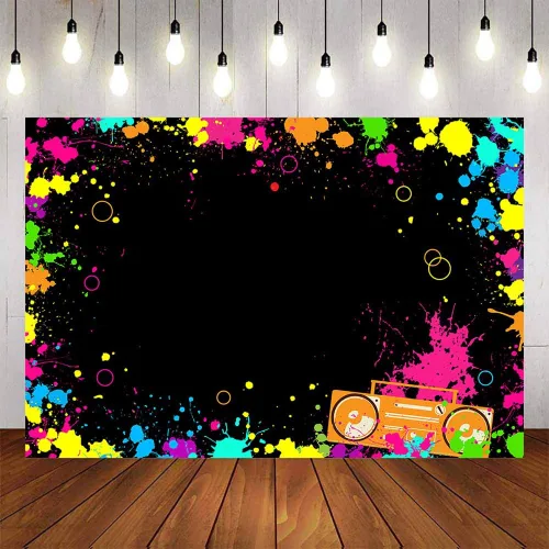 Avezano Let's Glow Splatter - Fondo de fotos de neón brillante, 6 x 4 pies, luz negra, discoteca, retro, suministros de decoración de fiesta de