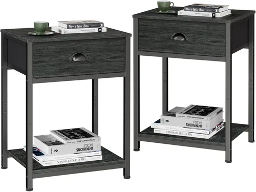 Miniatura 11 de Furologee Mesita de noche con cajón de tela y estante de almacenamiento, mesa auxiliar pequeña para espacios pequeños, mesa auxiliar industrial de 2