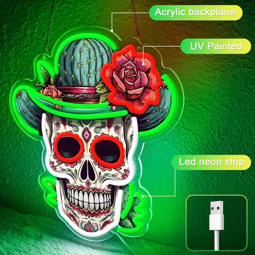 Miniatura 2 de Letrero de neón del Día de los Muertos, luz de neón LED de calavera de azúcar mexicana para decoración del hogar y bar, arte impreso UV con tira LED