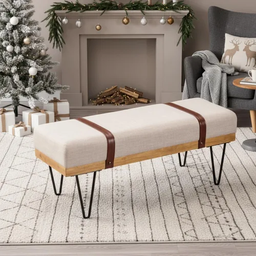 Miniatura 9 de LukeAlon Banco de almacenamiento tapizado de 44 pulgadas, otomano moderno de lino con correas y patas de horquilla metálicas, banco de entrada