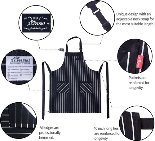 Miniatura 5 de Delantal de cocina ajustable con bolsillos y cintas largas para mujeres y hombres, negro, blanco (4), 1 unidad