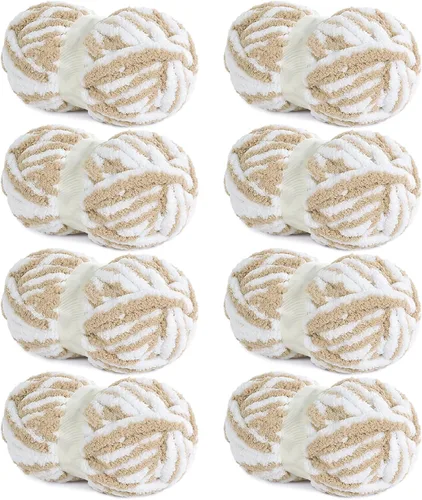 Miniatura 10 de HOMBYS Hilo Grueso de Chenilla Esponjoso para Tejer a Mano, Hilo Suave y Ligero Grueso Jumbo para Manta Gruesa, Paquete de 8, Blanco y Gris