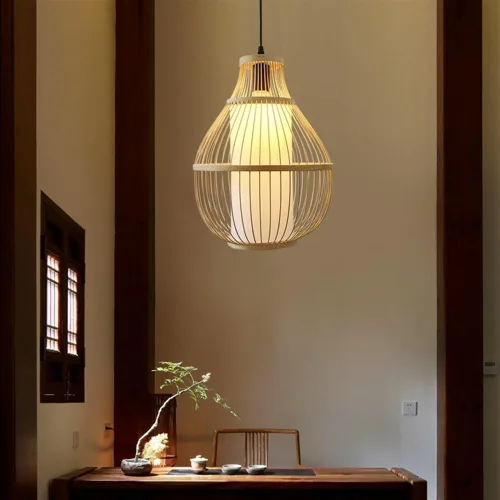 Miniatura 3 de Lámpara colgante de linterna tejida de bambú retro de granja, lámpara colgante rústica antigua Celing para restaurante, sala de estar, lámpara
