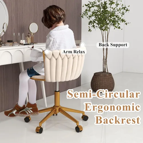 Miniatura 9 de ABET - Silla de tocador con ruedas, pequeña silla de oficina de terciopelo, taburete de maquillaje semi-circular tejido a mano para mujeres