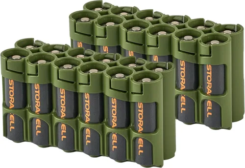 Storacell AA-12 Organizador de almacenamiento de baterías y dispensador (paquete de 2), verde militar, capacidad para 12 pilas AA (no incluidas),