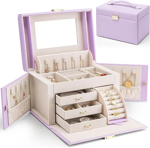 Miniatura 43 de Vlando Joyero de piel sintética, organizador mediano de joyería, regalo vintage para mujer, patrón de cruz rosa