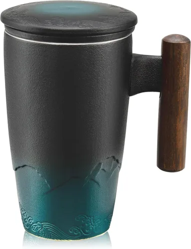 Miniatura 9 de suyika Tomotime - Taza de té de cerámica con infusor y tapa, asa de madera, 13.5 onzas (400 ml) (Azul cian)