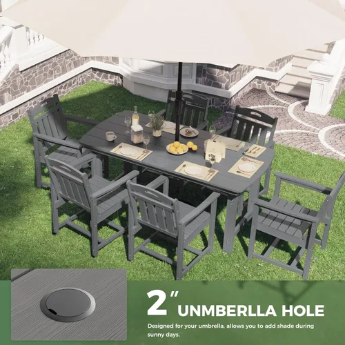 Miniatura 5 de Juego de comedor de patio al aire libre de HDPE con mesa y 6 sillas, juego de mesa y sillas de 7 piezas para todo clima, agujero para sombrilla de 2