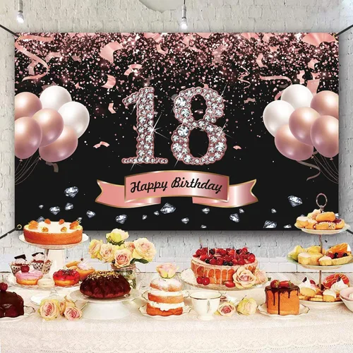 Miniatura 3 de Trgowaul Decoraciones de cumpleaños de oro rosa - Cartel de cumpleaños número 18, telón de fondo para fiestas y fotos