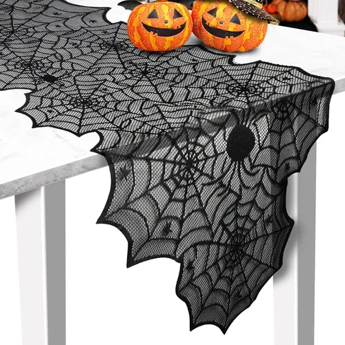 Miniatura 10 de Camino de mesa de Halloween, tela de araña de encaje negro, para decoración de Halloween, fiesta, decoración de mesa de comedor, 18 x 72 pulgadas