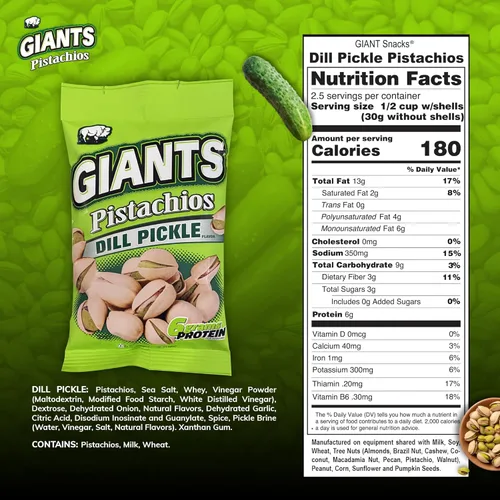 Miniatura 2 de GIANTS - Pistachos de pepinillo con eneldo, bocadillos saludables, paquetes individuales de pistachos In Shell, aperitivo alto en proteínas