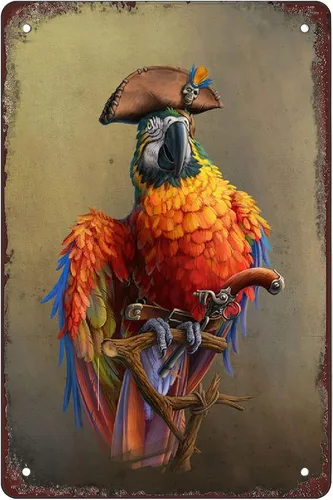Rosefinch Stone Letrero de metal retro divertido con diseño de hoja, diseño de mascota pirata, decoración de pared de loro pirata, tamaño: 8 x 12