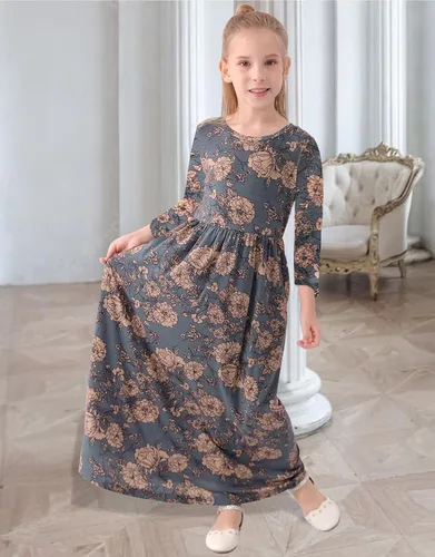 Miniatura 17 de 21KIDS Vestido largo floral de manga larga 3/4 con bolsillos para niñas de 6 a 12 años