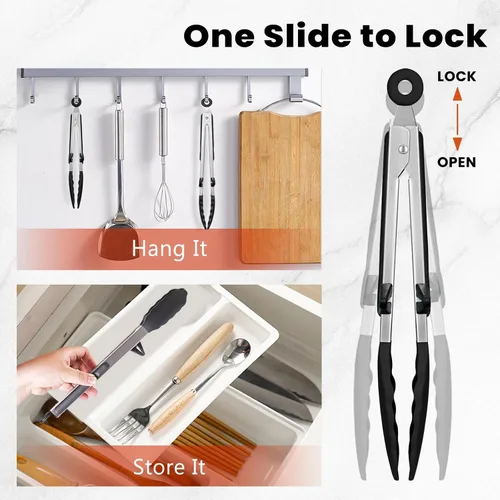 Miniatura 4 de Pinzas de comida de 2 piezas para cocinar, pinzas de cocina de acero inoxidable de 9 y 12 pulgadas con puntas de silicona y soporte integrado