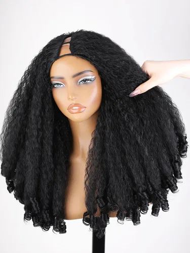 Miniatura 18 de SOKU Nueva peluca rizada afro con diadema, textura de cabello sintético trenzado con rizos únicos en el extremo, negro de 20 pulgadas, pelucas