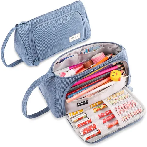 Miniatura 10 de iSuperb Estuche de gran capacidad para lápices, bolsa de pana grande, bolsa portátil para bolígrafos con cremallera, organizador de maquillaje