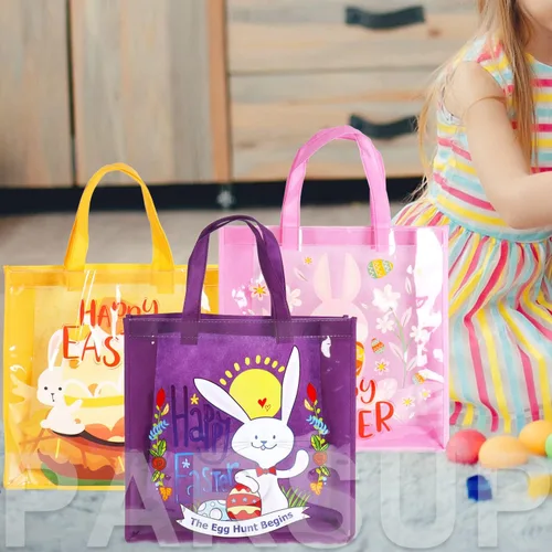Miniatura 7 de 12 bolsas de caza de huevos de Pascua, conejito de Pascua, zanahoria, huevos de pollito con asas, bolsas de regalo de Pascua, suministros