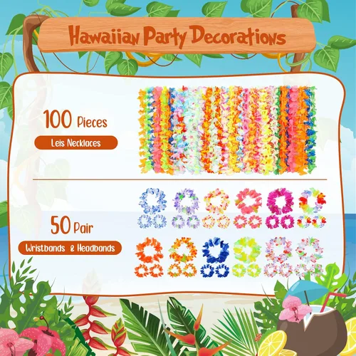 Miniatura 3 de Jexine 250 piezas de Leis hawaianos a granel Luau decoraciones de fiesta hawaianas tropicales diademas y pulseras de flores Lei para regalos