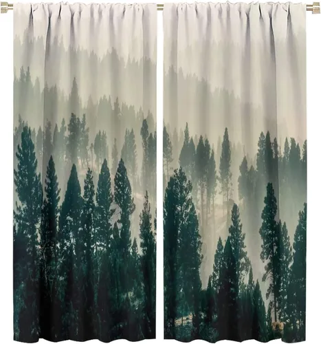 Cortina de bosque neblinoso, bosque verde brumoso, paisaje natural, pino, alerce, niebla, montaña, oscurecimiento de habitación, puerta, ventana,