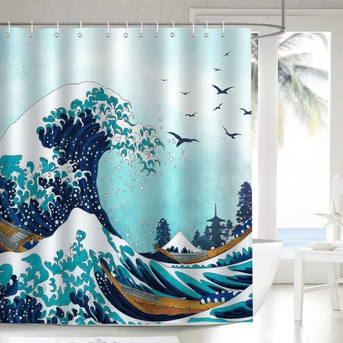Bonhause Great Wave - Cortina de ducha con diseño de anime japonés Kanagawa, color azul océano, 72 x 72 pulgadas, tela de poliéster, impermeable,