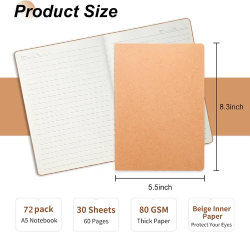 Miniatura 2 de Miikoul 72 paquetes de cuadernos en papel kraft A5 con papel rayado al por mayor, 8.3 x 5.5 pulgadas, 60 páginas/30 hojas, 80 g/m², cuaderno