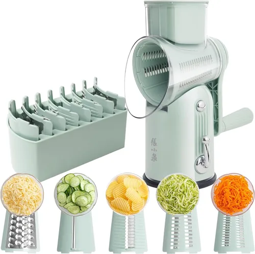 Rallador de queso giratorio con manivela manual de 5 en 1 con cuchillas intercambiables y base de succión fuerte para verduras, triturador manual y