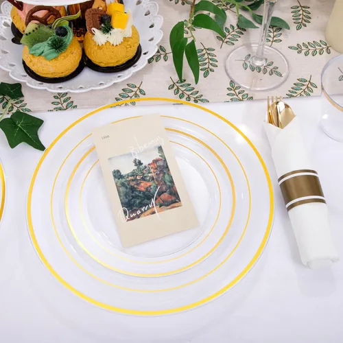 Miniatura 7 de DaYammi Juego de vajilla de plástico dorado transparente de 210 piezas para 30 invitados, platos desechables elegantes para fiestas, incluye: 30