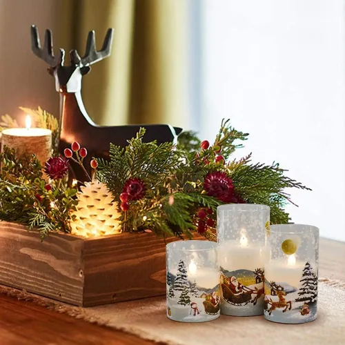 Miniatura 6 de Eldnacele Vela de cristal sin llama de Papá Noel con temporizador remoto, funciona con pilas, velas LED parpadeantes, paquete de 3 velas de Navidad