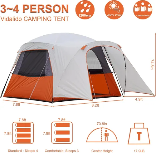 Miniatura 5 de Vidalido Tienda de campaña para 3-4 personas con 1 puerta de malla y 2 grandes ventanas de malla, tienda de campaña portátil de doble capa Naranja
