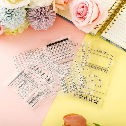 Miniatura 6 de Zonon 18 Piezas Sellos de Diario Sellos Transparentes para Diario, 4 Hojas Plantillas de Planificador de Calendario de Silicona para Bullet Journal