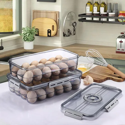 Miniatura 8 de BSTKEY Soporte para huevos para refrigerador, contenedor de huevos con escala de tiempo, soporte para huevos con tapa para almacenamiento de cocina