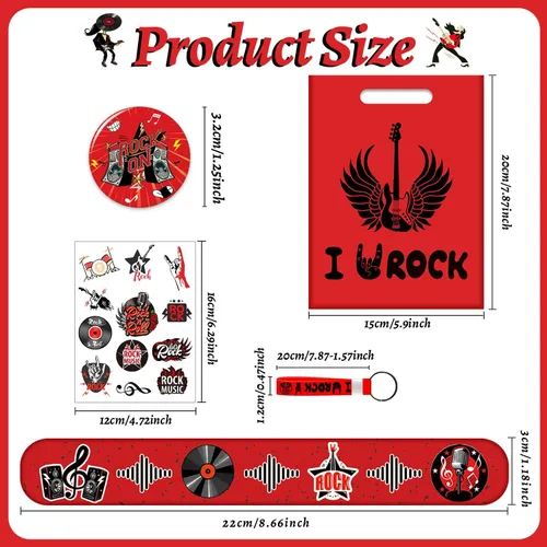 Miniatura 2 de Recuerdos de fiesta de Rock and Roll, decoraciones de suministros de estrella de rock incluye 12 llaveros, 12 insignias, 12 pulseras, 12 bolsas, 12