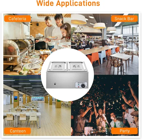Miniatura 7 de ROVSUN Calentador eléctrico comercial de 21 cuartos de galón, 2 bandejas, 110 V, acero inoxidable Bain Marie, mesa de vapor de 10.6 cuartos de galón