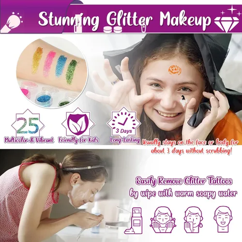 Miniatura 4 de TEUVO Kit de tatuaje con purpurina para niños con 25 colores, 225 plantillas, 6 bolígrafos, 2 hojas de diamantes de imitación, 5 pinceles, 3