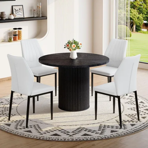 Miniatura 30 de Mesa de comedor redonda para 4-6, mesa de comedor negra con tablero de madera de 42'' y base de pedestal cilíndrico, mesa de cena redonda