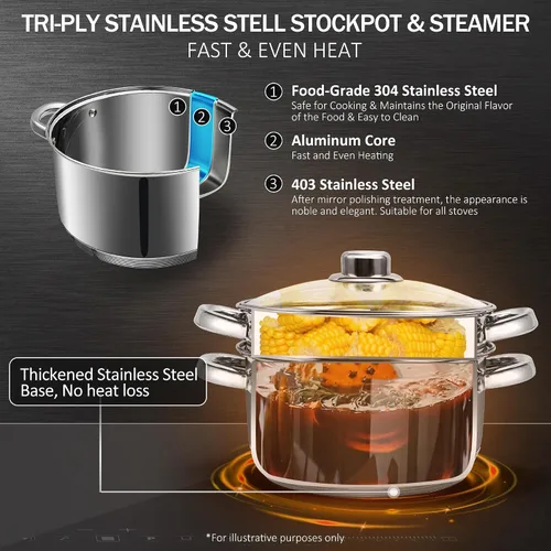 Miniatura 3 de AuFranc® olla de 4 cuartos de acero inoxidable 18/10 de tres capas con tapa de vidrio templado y vaporera, olla a vapor multiusos compatible
