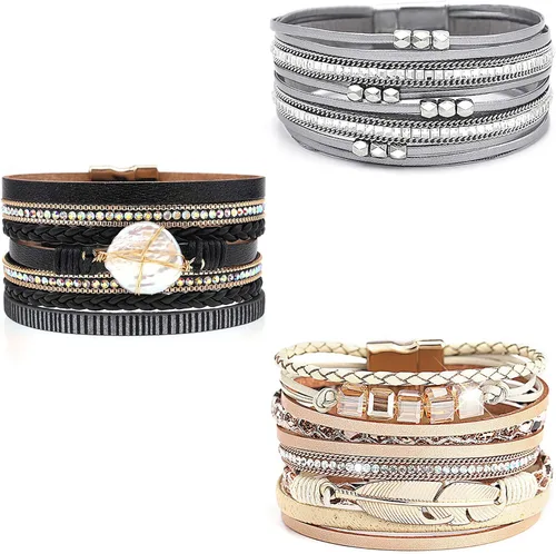 Miniatura 16 de Wowanoo - Juego de 3 pulseras de cuero de varias capas con cierre magnético para mujer, con cristales, ramas de árbol pulseras para mujer.