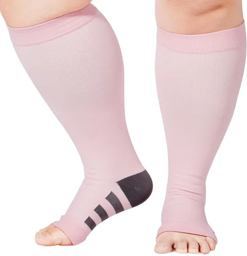Abodhu Calcetines de compresión de talla grande con punta abierta para mujeres y hombres, 15-20mmHg pantorrilla ancha hasta la rodilla, calcetines