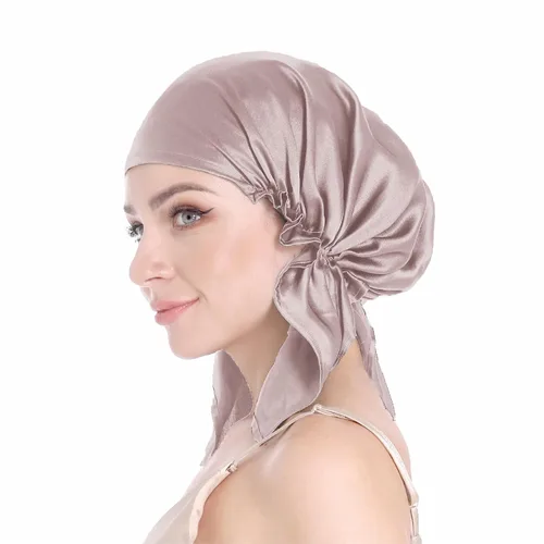 Miniatura 7 de SissiLita Gorro de seda 100% para dormir, gorro de seda grande con banda de amarre para el cuidado del cabello rizado (azul)