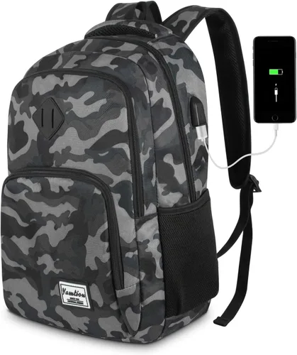 Miniatura 10 de Mochila escolar YAMTION para adolescentes, mochila con USB para preparatoria y universidad, camuflaje azul
