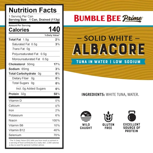 Miniatura 2 de BUMBLE BEE Atún blanco sólido de primera calidad en agua, bajo en sodio, atún enlatado, alimento rico en proteínas, lata de 5 onzas