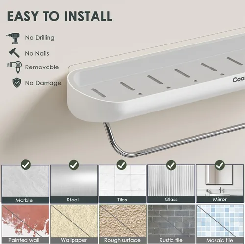 Miniatura 7 de Estante de ducha con toallero, organizador de baño moderno, autoadhesivo, resistente, se adhiere a la pared, sin perforaciones, plástico inoxidable