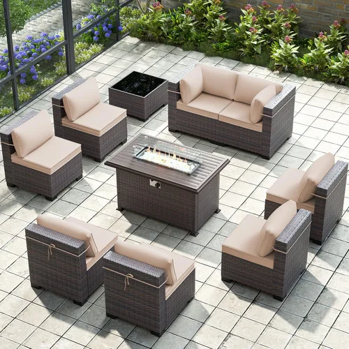 Miniatura 15 de Gotland Juego de muebles de patio de 8 piezas con mesa con fogón, muebles de ratán para exteriores para todo tipo de clima con respaldo alto de 2