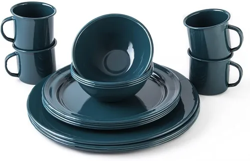 Miniatura 5 de Cinsa Juego de vajilla esmaltada de 16 piezas para 4. Incluye platos, cuencos, tazas, caldera de café
