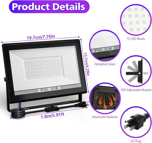 Miniatura 6 de T-SUN Luces LED negras de 60 W, luces de inundación de luz negra con enchufe, luz negra impermeable IP66 para fiesta brillante, decoraciones