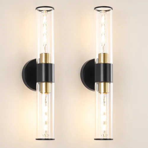 Miniatura 12 de Juego de 2 apliques de pared de níquel cepillado (solo cableado), lámparas de tocador de baño, modernas luces de pared cilíndricas de vidrio