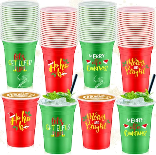 Jinei 100 piezas de vasos desechables de Navidad de 16 onzas, vasos de plástico para fiesta de Navidad, café, chocolate caliente y bebidas frías y