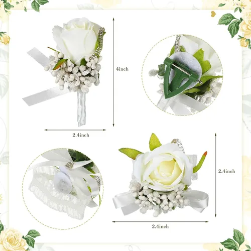 Miniatura 3 de Geosar Juego de 12 ramilletes blancos de boda y boutonniere para novia, dama de honor, incluye 6 muñequeras artificiales y 6 boutonniere