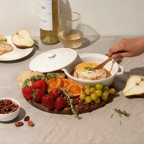 Miniatura 5 de Cazuela de queso Twine de cerámica con esparcidora de madera de acacia, cazuela de queso brie con tapa, cazuela para hornear queso brie, utensílios