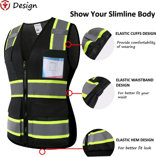 Miniatura 2 de Chaleco de seguridad reflectante de alta visibilidad para hombres y mujeres con bolsillos y cremallera frontal, cumple con los estándares ANSI/ISEA